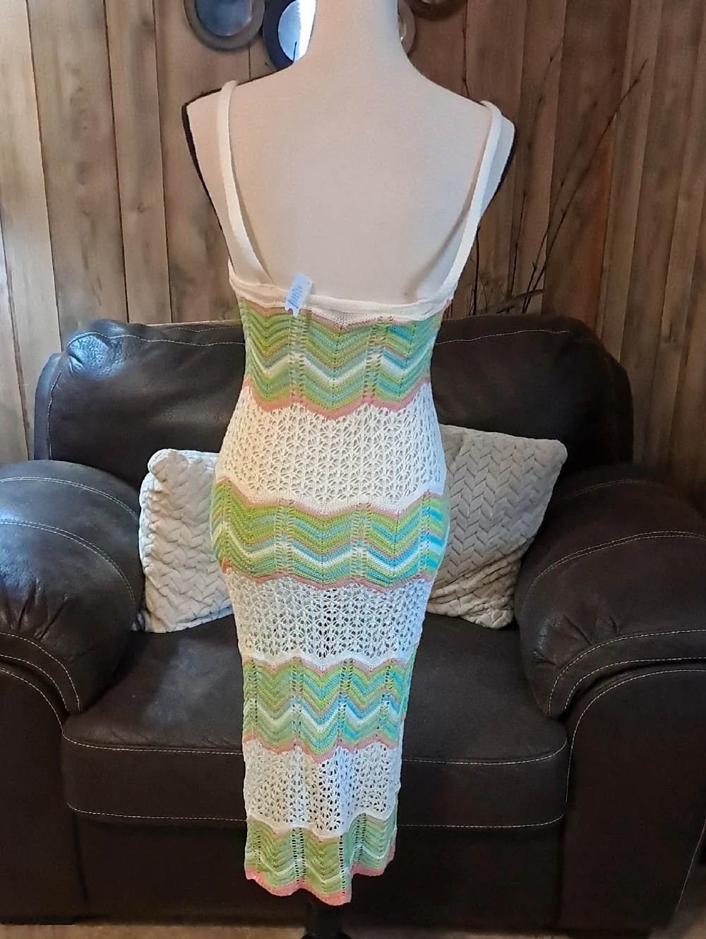 Almost Famous White Crochet Swim Cover-Up Dress with Pastel Chevron Stripes